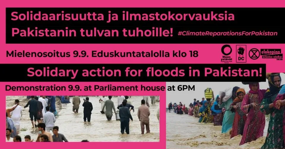 Mielenosoitus: Solidaarisuutta ja ilmastokorvauksia Pakistanin tulvan tuhoille