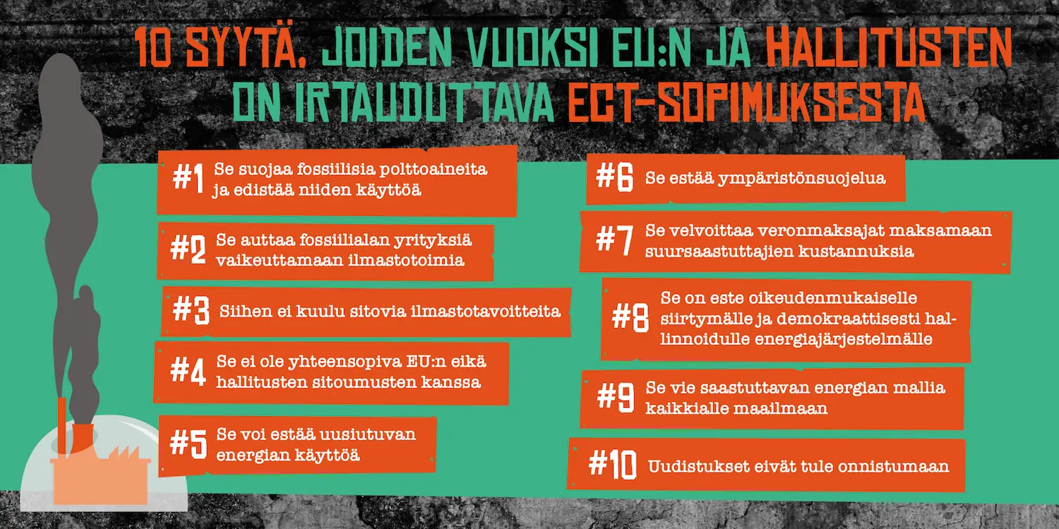 10 syytä, miksi EU:n ja hallitusten on irtauduttava ECT-sopimuksesta.